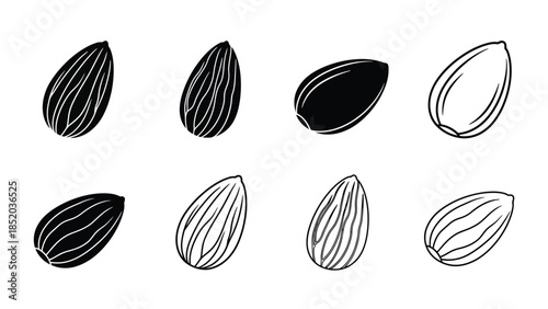 A collection of almond shapes in varying orientations and styles