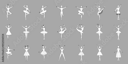Collection of stylized human figures showcasing diverse yoga and dance poses