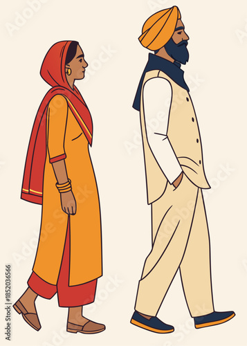 Two individuals in traditional Punjabi attire walking side by side: a woman wearing a yellow salwar kameez with a red dupatta, and a man in a cream kurta pajama with a yellow turban and blue vest.