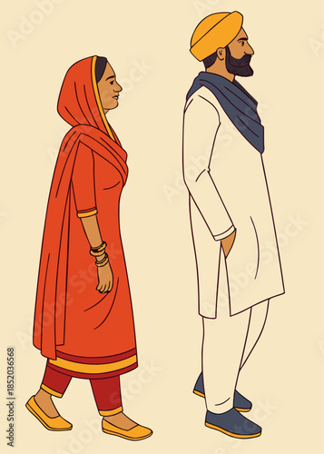 Stylized illustration of a South Asian couple walking side by side in traditional attire vibrant salwar kameez and elegant kurta with turban.