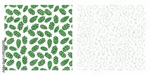A repeating pattern of vibrant green hop flowers and delicate leaves