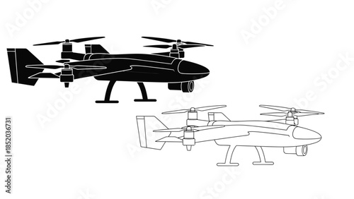 Black and white illustrations of futuristic quadcopter drones in different perspectives