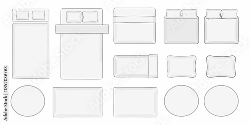 A collection of top down views depicting beds pillows and bedroom furniture