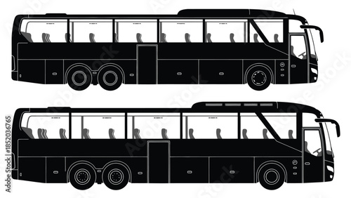 Two side views of a black tour bus or coach vehicle illustration