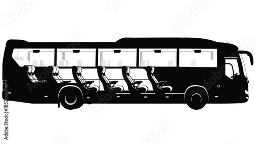 A black silhouette illustration of a passenger coach bus with visible seating