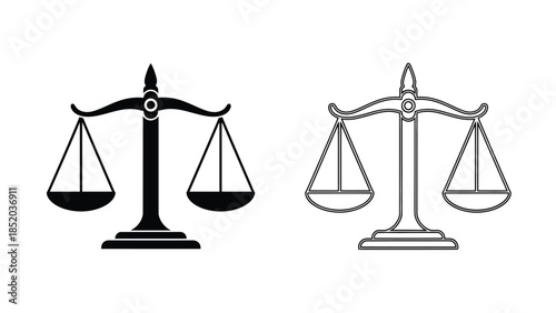 A simple illustration depicting two black and white scales of justice icons