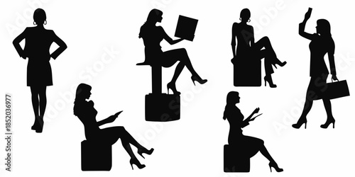 Silhouettes of fashionable women in various poses and business attire