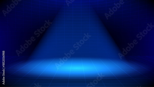 Blue digital stage background with neon perspective grid and spotlight for technology product showcase
