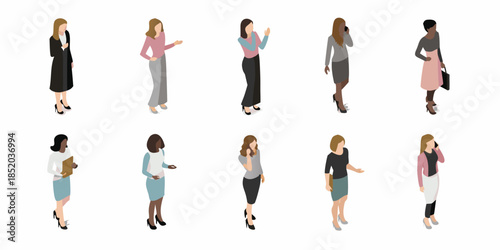Isometric illustration of diverse women in various professional attire and poses