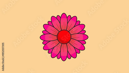 Vibrant Pink Flower with Red Center on Light Orange Background.