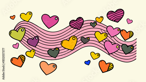 Colorful hearts on musical staff