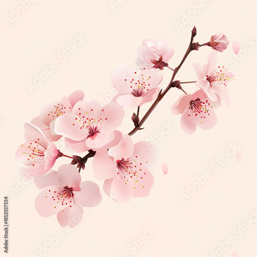 Modern vector illustration of a blooming cherry blossom branch with soft pink petals in a minimalist botanical style, elegant spring floral art