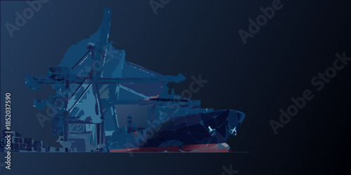 A dark blue illustration of a cargo ship and dockside crane structure