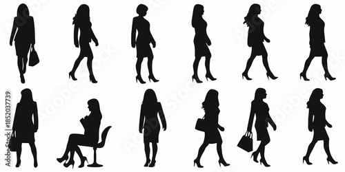 Collection of black silhouette figures depicting women in various poses and attire