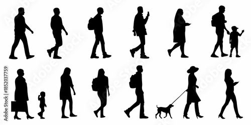A collection of black silhouette figures depicting people walking and interacting