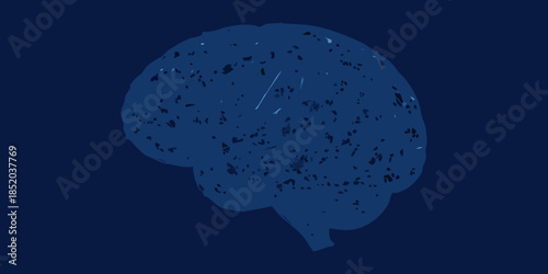 A dark blue illustration of a human brain with textured detailing