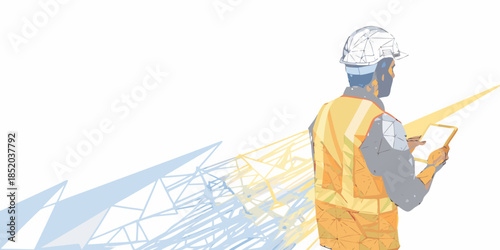 Construction worker reviewing plans with a digital tablet on a job site