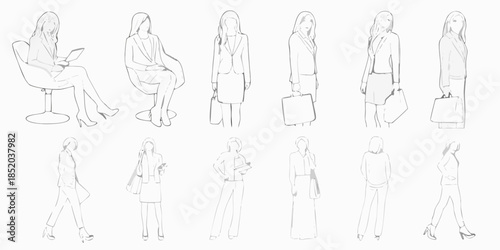Fashion sketches of women in business attire poses and walking figures