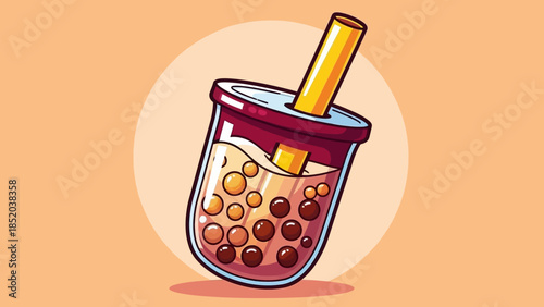 Illustration of a refreshing glass of bubble tea with tapioca pearls.