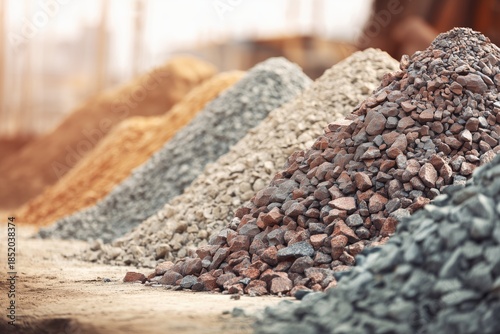 Piles of colorful gravel and stones at a construction site showcasing different textures and colors