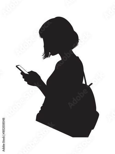 silhouette of a girl playing with a smartphone against a white background