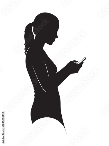 silhouette of a girl playing with a smartphone against a white background