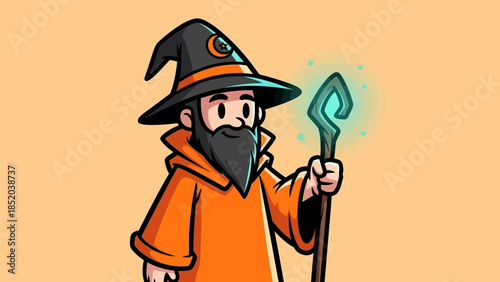 Cartoon Wizard with Staff Casting a Spell.