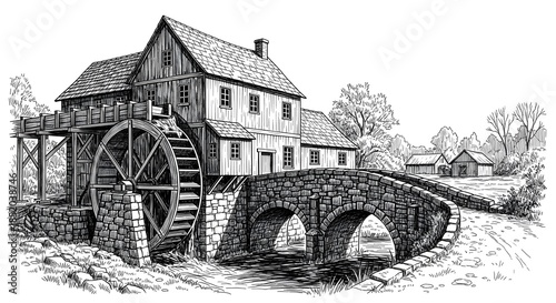 Vintage illustration of old water mill with stone bridge and rustic architecture
