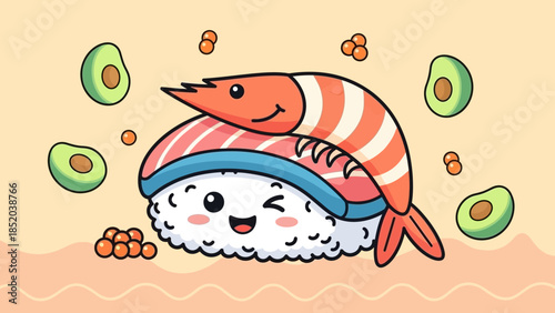 Cute Sushi Character with Shrimp and Avocado Illustration.