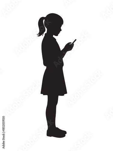 silhouette of a girl playing with a smartphone against a white background