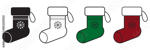 A set of cozy winter socks with playful patterns including snowflakes, hearts, trees and stripes. These holiday socks are arranged in a fun, scattered layout, showcasing a cute and minimal flat style.