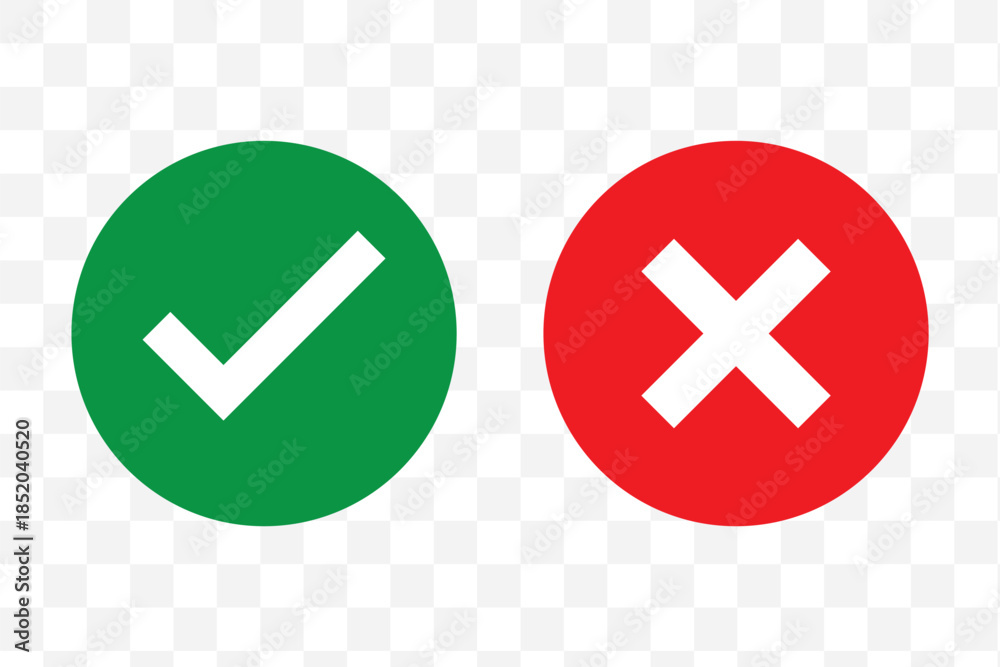 Obraz premium Green check mark and red cross symbols for yes no correct incorrect choices approval rejection vector