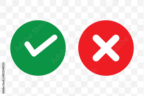 Green check mark and red cross symbols for yes no correct incorrect choices approval rejection vector