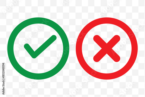 Green check mark and red cross symbols for yes no correct incorrect choices approval rejection vector
