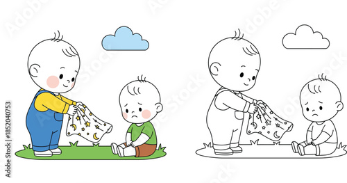 Cute cartoon baby offering blanket to comfort sad friend. Kind toddler sharing with crying child to show empathy. Vector illustration for friendship or nursery design.