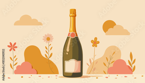 Champagne bottle with label space on a stylized background