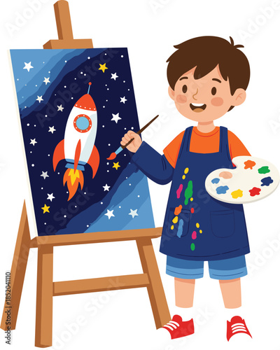 Cute little boy painting space rocket picture on easel, creative child art education cartoon vector illustration