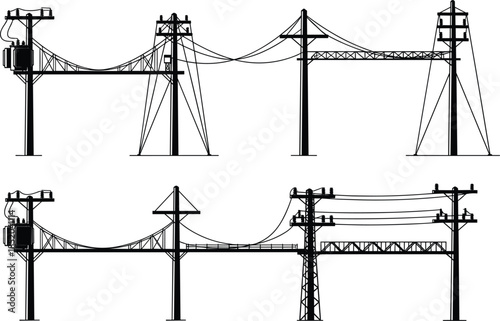 Black and white silhouette of electrical power transmission towers and poles with wires electricity power lines