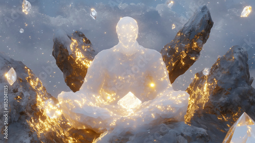 Mystical shaman meditating in Zen temple with floating crystals and glowing falcon spirit, palette of soft pastels and golden accents, tranquil transcendence artwork, AI generated