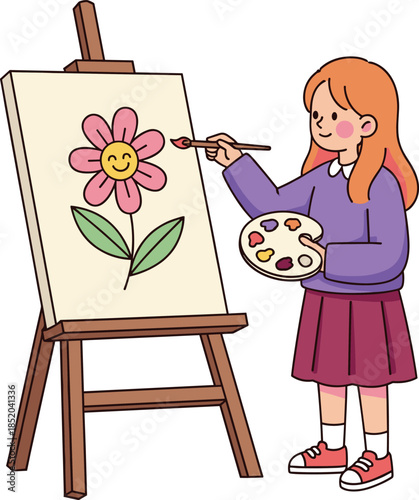 Cute little girl painting flower on easel with palette, creative child art education cartoon vector illustration