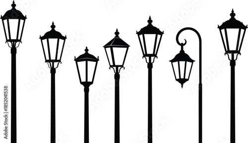 Assortment of black silhouette designs of classic street lamps on white lamp post lighting