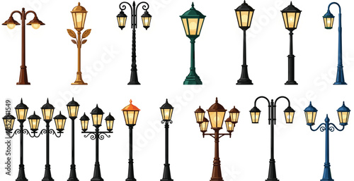 Collection of diverse vintage and modern street lamps on white background lamp post lighting