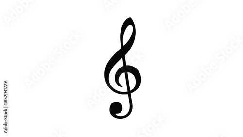 A simple black treble clef symbol isolated on a stark white background
