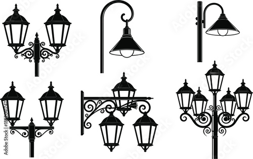 Collection of various vintage street lamp silhouettes on a white background lamp post lighting