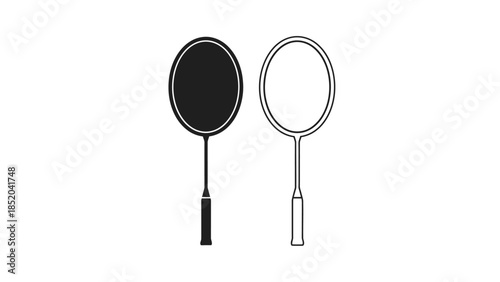 A simple illustration of a badminton racket and shuttlecock in black and white