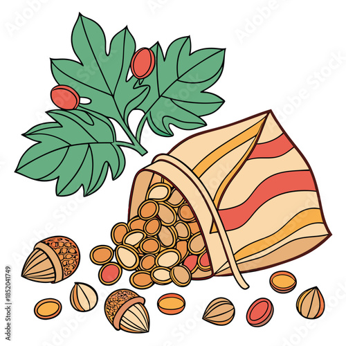 set of autumn leaves and fruits