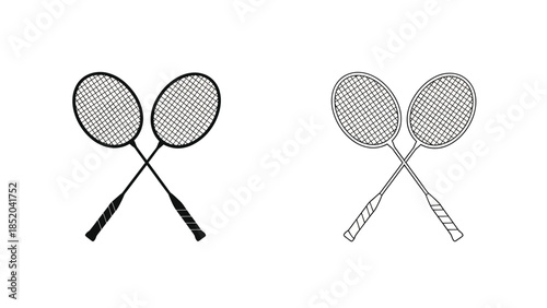 Two badminton rackets depicted in a black and white line art style
