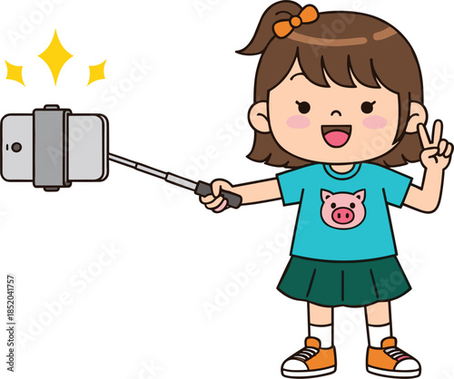 Cute little girl taking selfie with smartphone on stick, happy child vlogging and social media cartoon vector illustration
