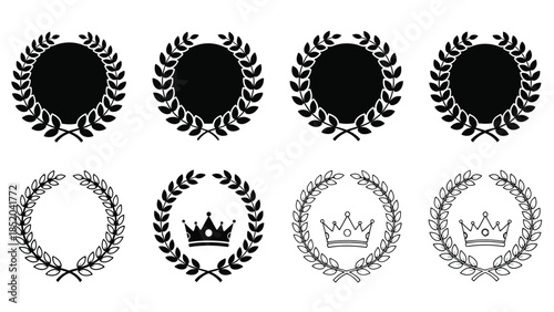 Collection of laurel wreaths crowns and circular frames in black and white