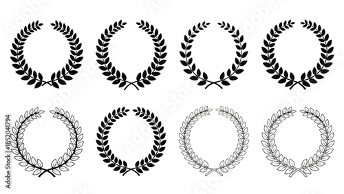 Eight black and white laurel wreaths arranged in a grid pattern
